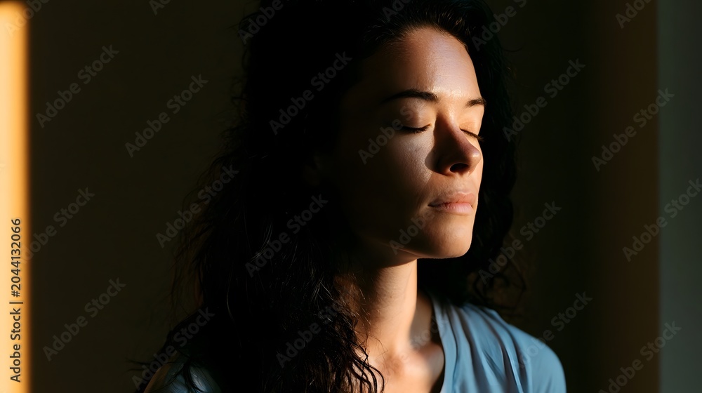 Naklejka premium A serene portrait of a person bathed in warm calming light conveying a sense of peaceful reflection and mental well being