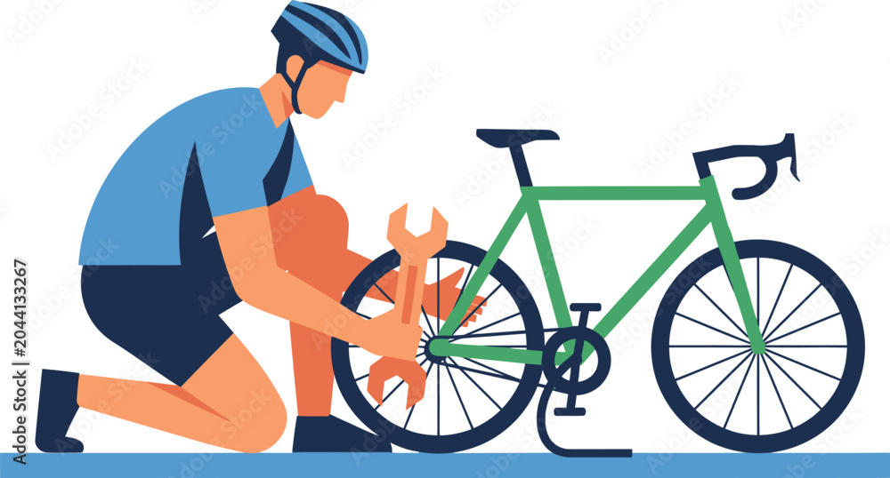 Fototapeta premium Male Cyclist Repairing Road Bicycle with Wrench Flat Design Vector Illustration