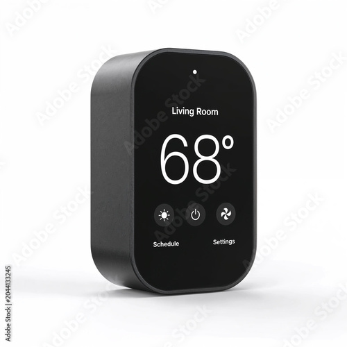 Prompt: Modern smart thermostat isolated on white background, home automation device, PNG
