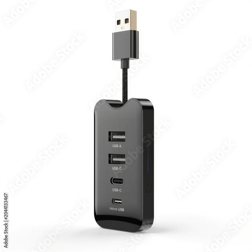 Modern multi-port USB hub isolated on white background, realistic tech accessory, PNG
