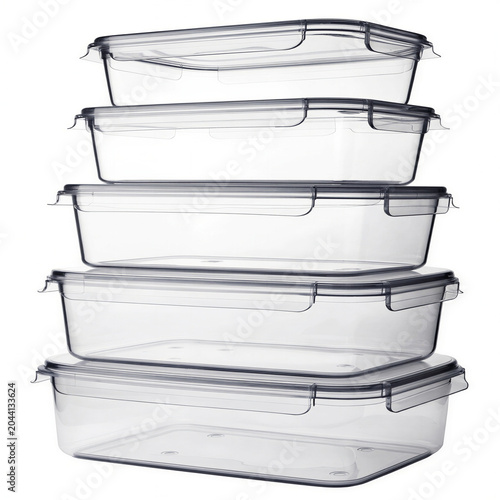 Stacked transparent plastic storage containers isolated on white background, PNG