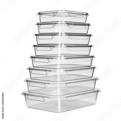Stacked transparent plastic storage containers isolated on white background, PNG
