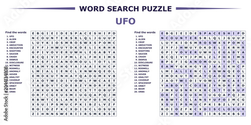 Tableau sur toile UFO word seek puzzle sheet for kids and adults with solution