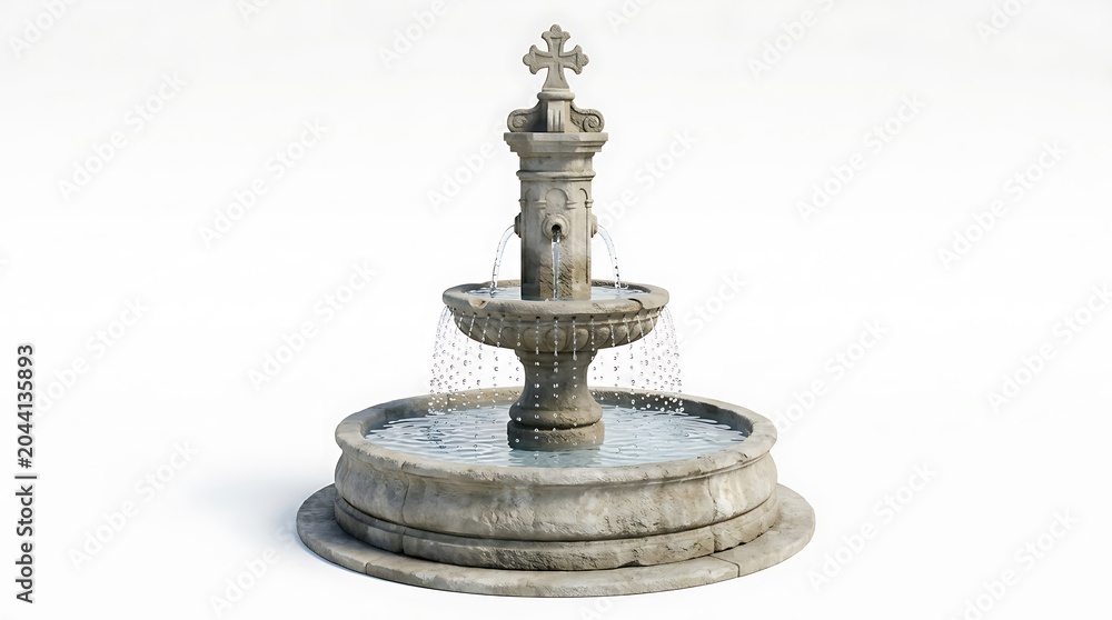 Fototapeta premium Antique Stone Tiered Fountain with Cross Isolated on White Background