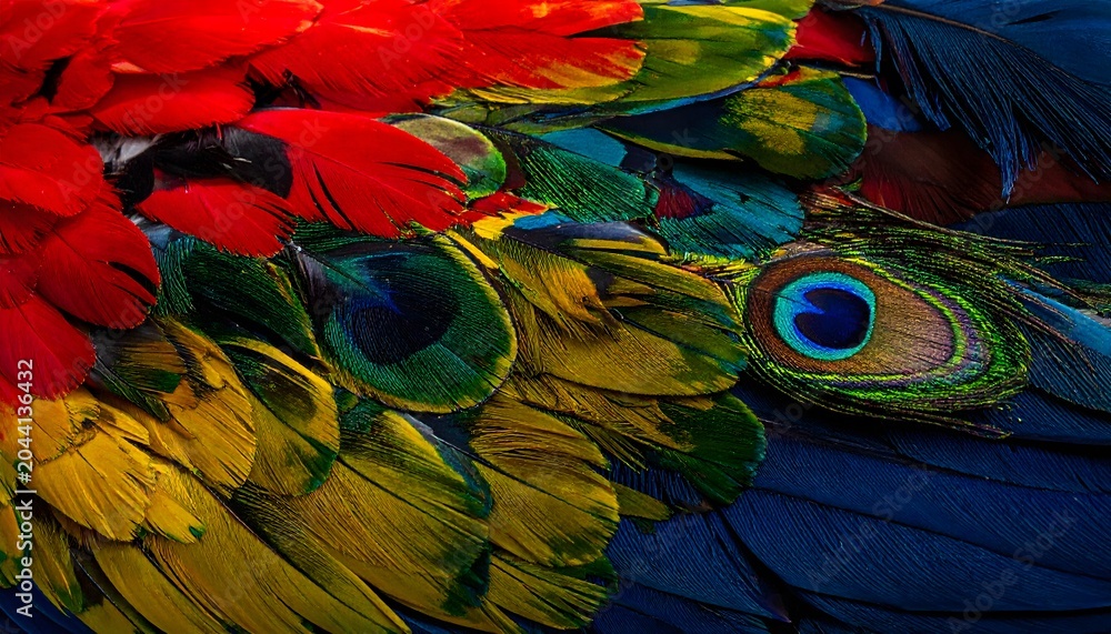 Obraz premium Vibrant close-up intricate bird feathers in brilliant red, golden yellow, and deep blue, showcasing a striking eye pattern. Natural tapestry of color and texture