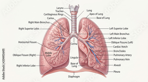 Human respiratory system anatomy illustration with labels