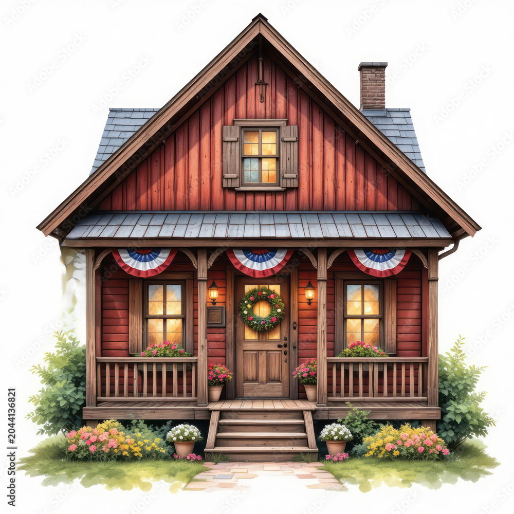 Fototapeta premium Charming red farmhouse with patriotic bunting and floral decorations isolated on white background.