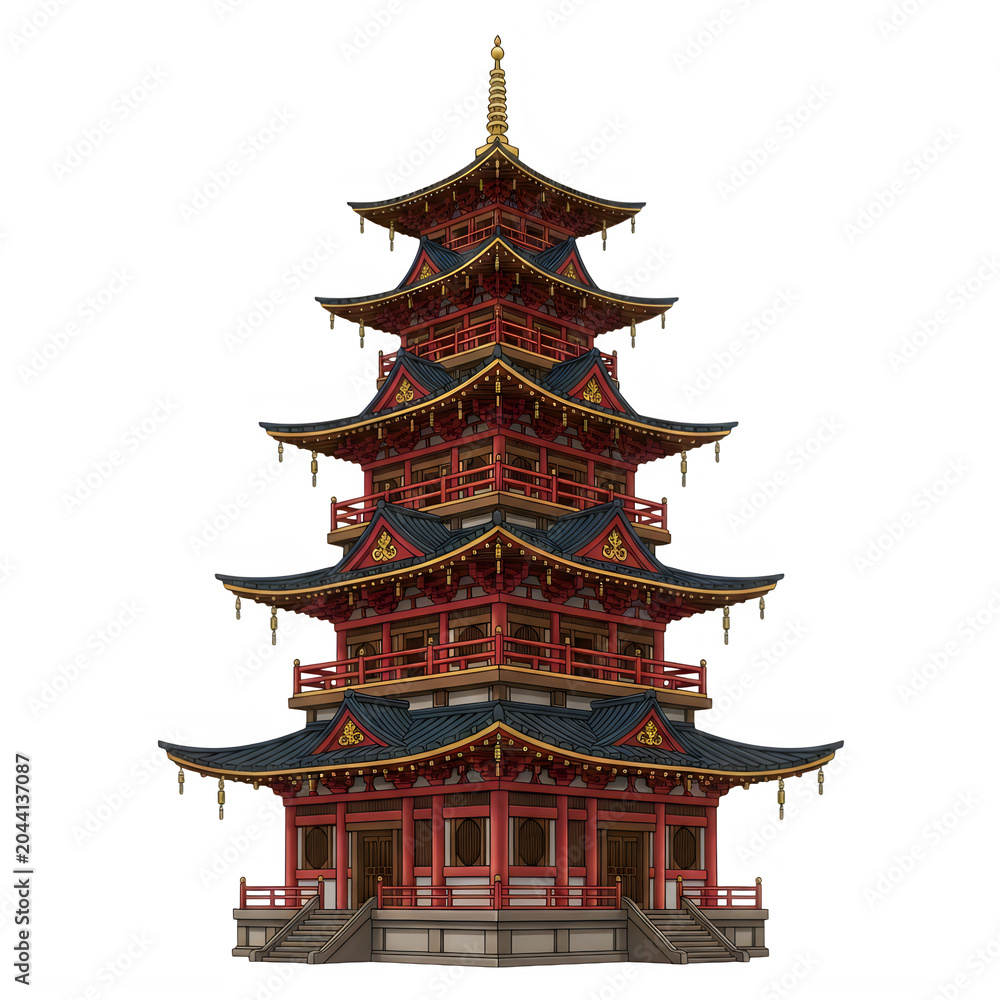 Fototapeta premium Traditional japanese pagoda building pixel art isolated on transparent background
