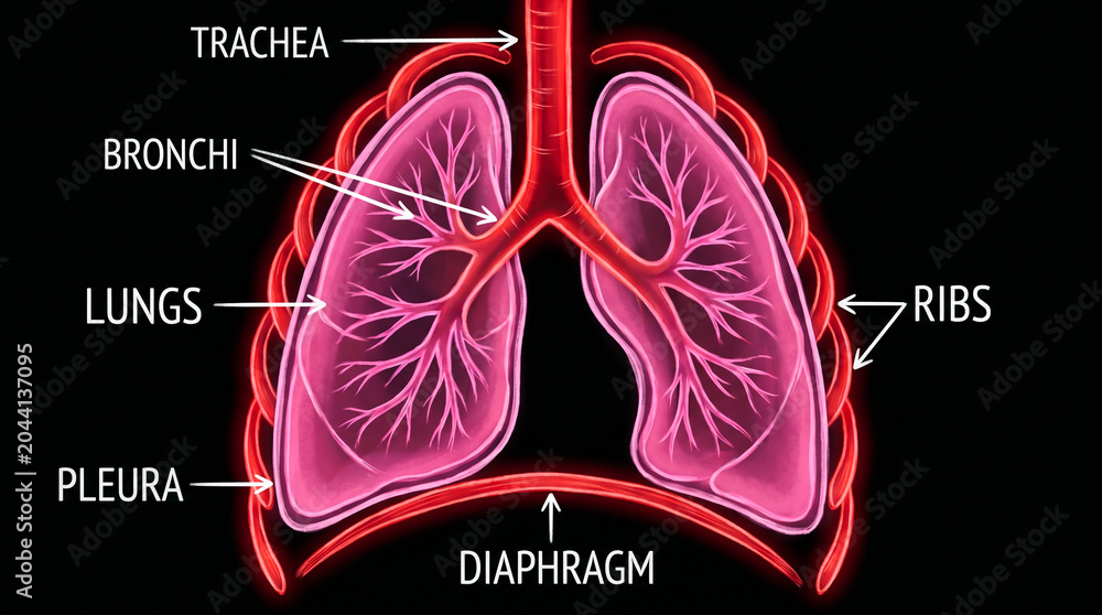 Naklejka premium Human respiratory system anatomy illustration with labeled parts