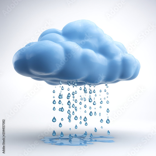 Blue cloud with heavy rainfall isolated on white background 3D render, meteorology