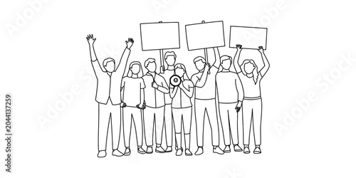 Fotografie Group of people holding blank signs and one person with a megaphone, protesting