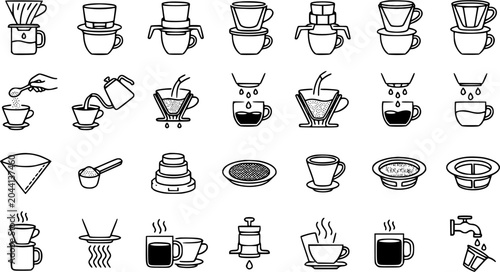 Bild auf Leinwand Black and White Line Art Icons of Coffee Brewing Methods and Equipment