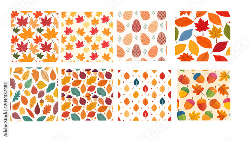 Set of eight seamless autumn vector patterns featuring fall leaves, acorns, pinecones, and seasonal foliage in warm colors. Clean flat designs suitable for backgrounds, textiles, and decor.