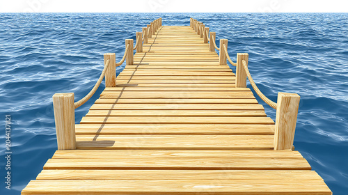 Empty wooden dock walkway stretching over calm blue ocean water on sunny day