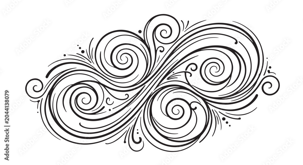 Fototapeta premium Black flowing spiral loops, abstract line art design, isolated on a clean white background, minimal decorative element