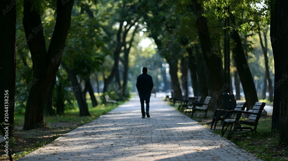 Obraz premium A solitary figure walks along a peaceful tree lined pathway in a serene park setting during soft daylight
