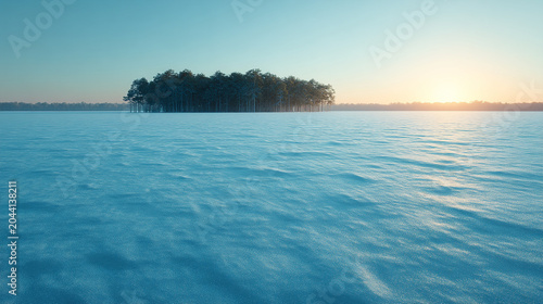 Frozen lake shore with pine trees at sunrise landscape outdoors tranquil wilderness