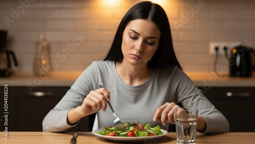 Pensive woman consuming a salad in a warmly lit kitchen setting expressing reluctance