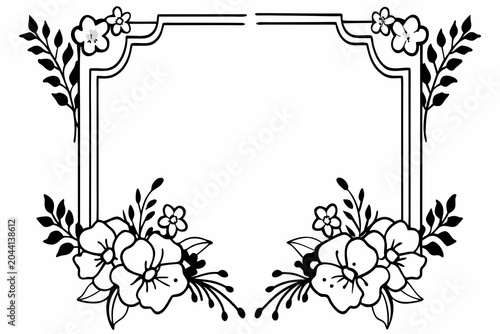 Black and white floral frame illustration with decorative border and flowers