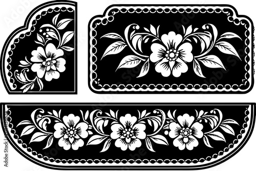 Black and white floral vector graphic designs with intricate borders and patterns for decorative use in digital art and design projects with flowers and leaves