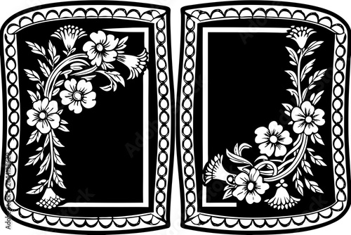Black and white floral vector graphic illustration with two identical frames featuring flowers and leaves on a dark background with ornate border designs