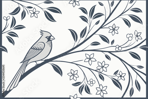 A beautiful vector illustration of a bird perched on a flowering branch with leaves and flowers in a decorative design