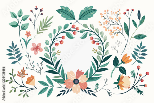 Colorful floral wreath with leaves and flowers in pastel shades on white background vector illustration design