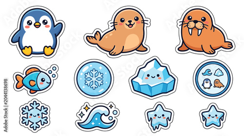 Foto Cute Kawaii Arctic Animals and Winter Elements Sticker Set.