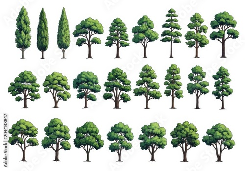 Set of stylized green trees with colorful pixelated leaves