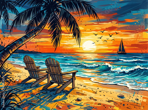 Photos Tropical beach sunset illustration with adirondack chairs and palm tree