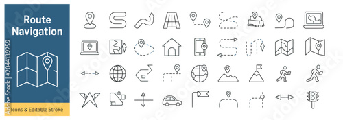 Foto Set of route navigation and map location line icons for travel and mobile mappin