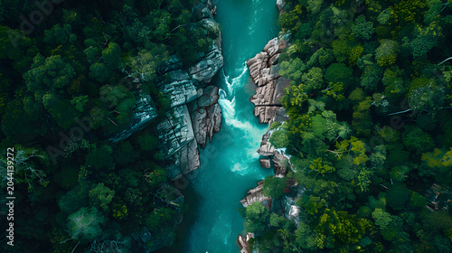 Ai generated aerial view of a turquoise river flowing through a dense tropical rainforest and rocky canyon nafakhum amiakhum waterfalls
