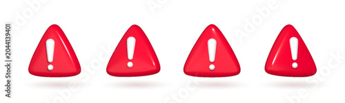 Four 3D red triangular warning icons with white exclamation marks shown from different angles isolated on white background. Glossy alert signs for user interface and notification design.