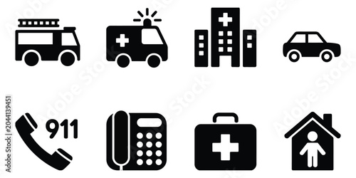 Bilde på lerret Emergency services and medical icons for help safety vector set, including ambulance, first aid, hospital, emergency call and rescue symbols for healthcare and crisis response systems