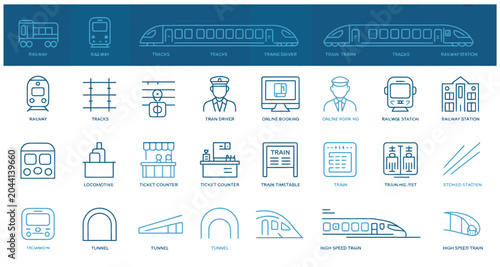 Foto Modern linear icons for railway transport featuring trains stations and travel r