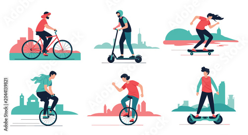 Collection of people using various eco-friendly personal transportation devices including bicycle scooter skateboard and unicycle in an urban setting.