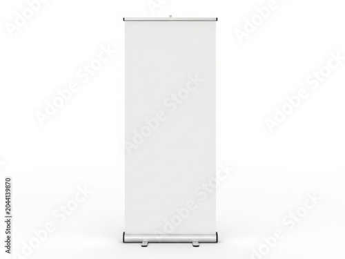 A tall, white, retractable banner stand against a white background.