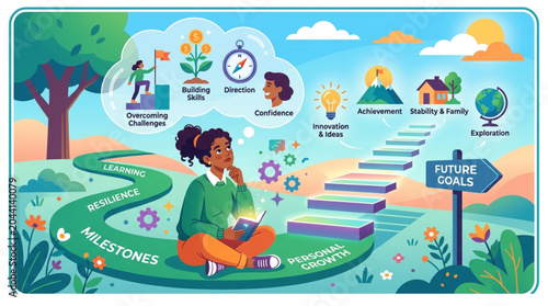 Foto Woman reflecting on personal growth goals in a serene outdoor setting