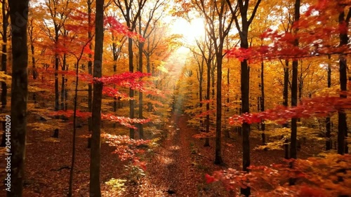 Sunbeams Filtering Through Vibrant Golden Autumn Forest Trees