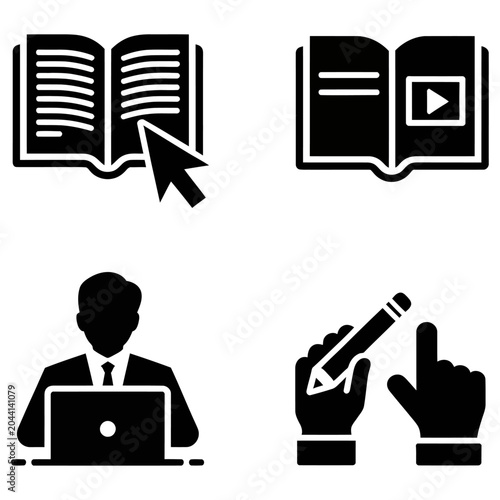 Vector of a businessman working on a laptop with educational icons around him.