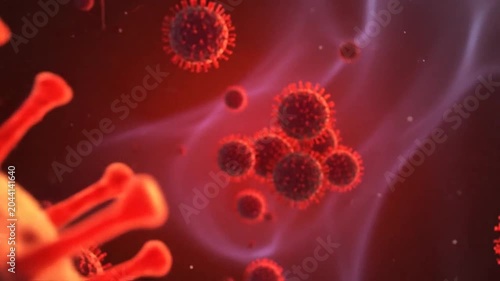 Microscopic view of dangerous viral particles floating in red fluid