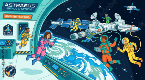 Photos Astronauts exploring futuristic space station interior with holograms and zero g
