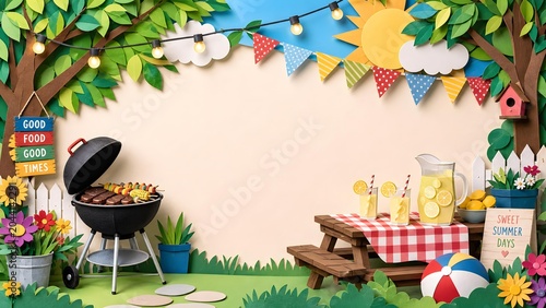 Paper Craft Backyard Barbecue Picnic Table with Grill and Fresh Lemonade Jar for Summer Family Garden Party Banner, Outdoor BBQ Lunch Event Invitation Layout, and Tree Leaves Background