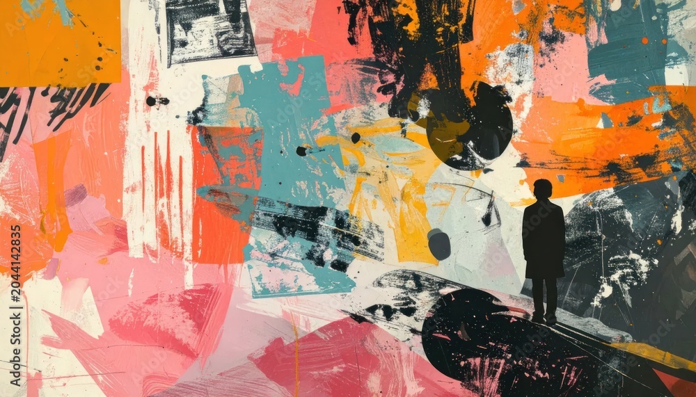 Fototapeta premium Abstract colorful painting with silhouette of person standing.