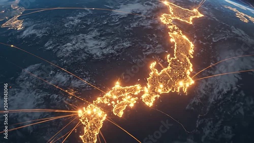 A glowing digital network connects continents across the dark planet