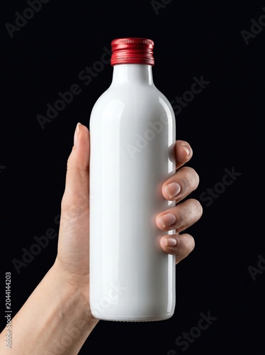 Blank white bottle with red cap held in human hand on Black background. Product packaging mockup.