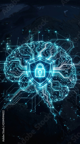 Futuristic 3D graphic of a human brain formed by glowing circuit board pathways with a secure digital shield and padlock icon in the center over a dark satellite earth map.