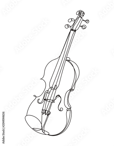 Continuous line violin illustration, Minimal one line musical instrument design.