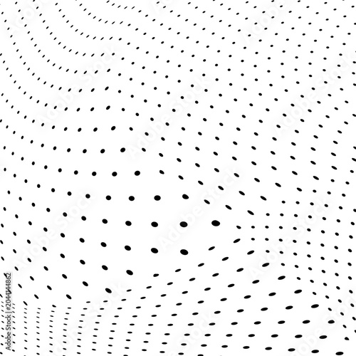 Abstract halftone wave dotted background. Futuristic twisted grunge pattern, dot, circles. Vector modern optical pop art texture for posters, business cards, cover, labels mock-up, stickers layout