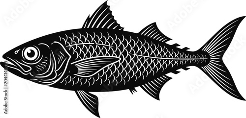 Canvas Print Black and white detailed silhouette illustration of a fish with prominent scales, isolated on white background image_8c707f